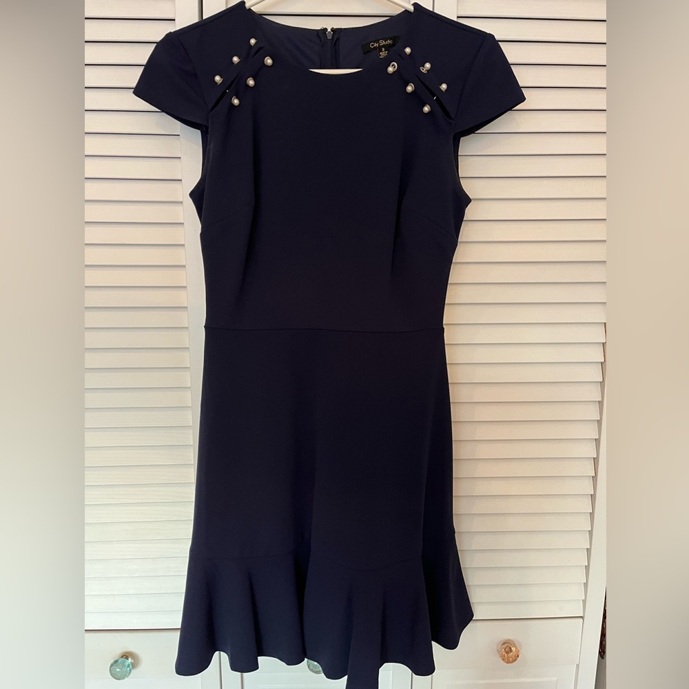 Navy Blue Pearl Detailed Dress
